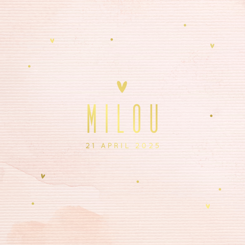 Hip geboortekaartje met roze watercolor en naam in goudfolie