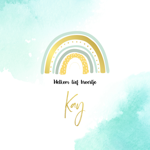 Hip geboortekaartje jongen met watercolor en regenboog in goudfolie