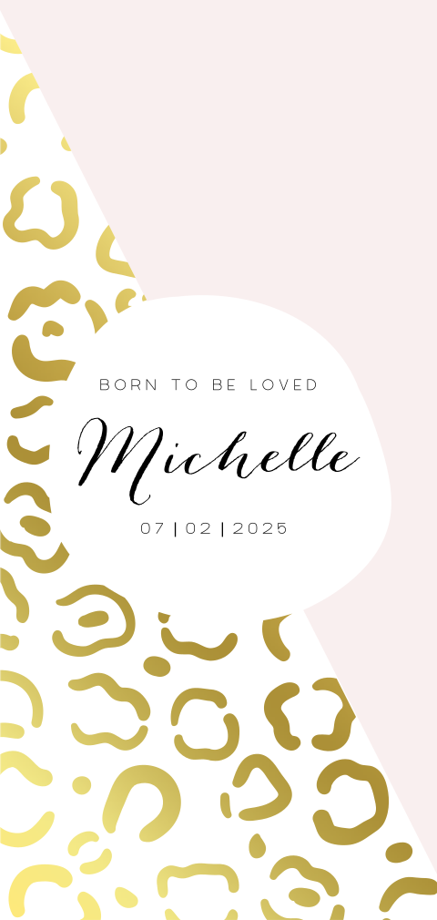 Hip geboortekaartje met dierenprint in goudfolie en roze