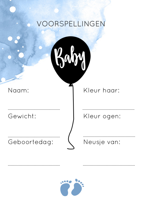 Voorspelling kaartje babyshower met blauwe watercolor en ballon