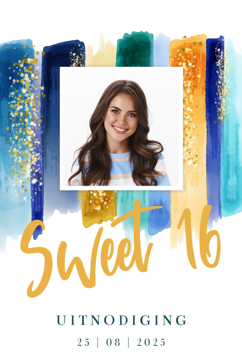 Uitnodiging sweet 16 feestje met watercolor, glitter en eigen foto