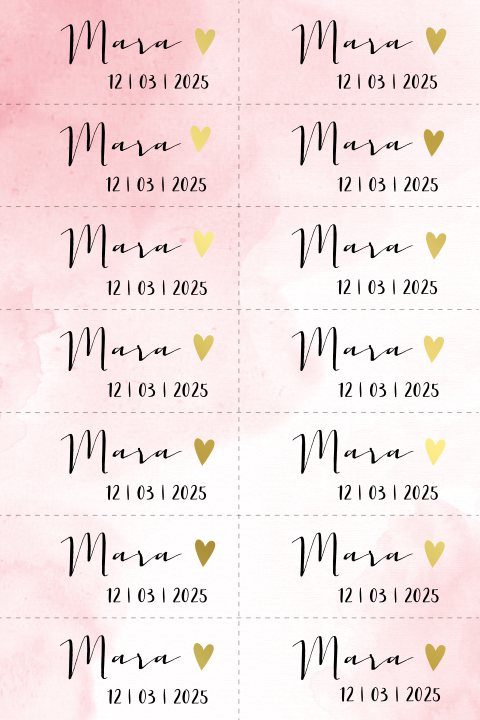 DIY label roze watercolor met goudfolie hartje 7x3cm