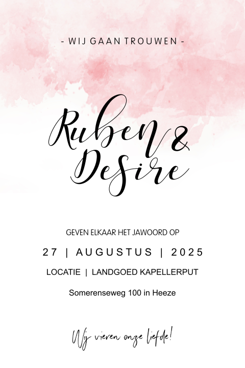 Trendy trouwkaart met roze watercolor