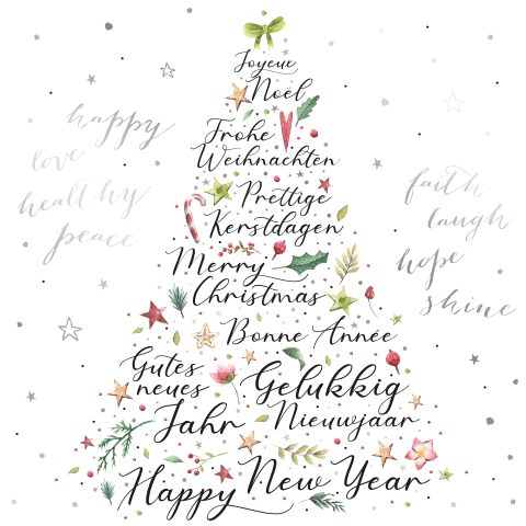 Kerstkaart met tekstboom en zilverfolie