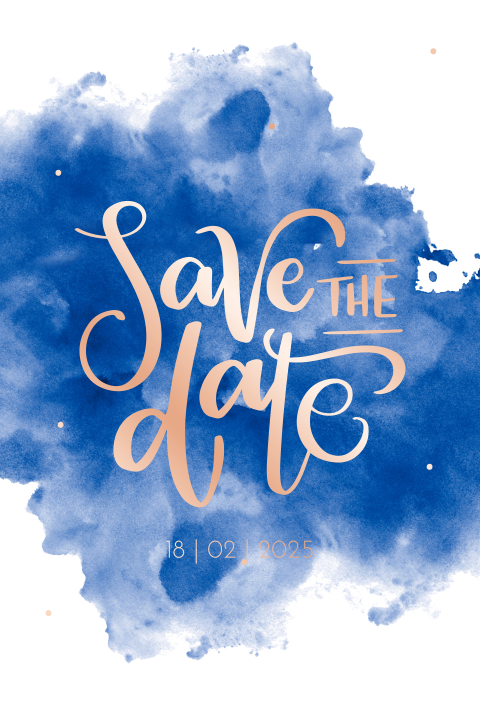 Save the date kaart met blauw watercolor en folie