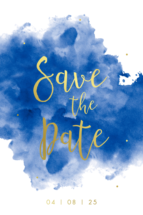 Save the date kaart met blauw watercolor en goudfolie