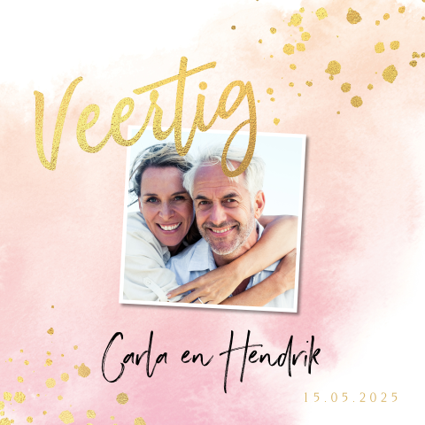Jubileumkaart watercolor roze 40 jaar getrouwd goudfolie look