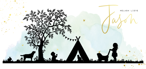 Hip geboortekaartje met silhouet van grote zus en tipi met goudfolie