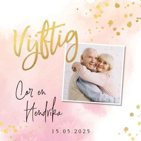 Jubileumkaart watercolor roze 50 jaar getrouwd goudfolie look