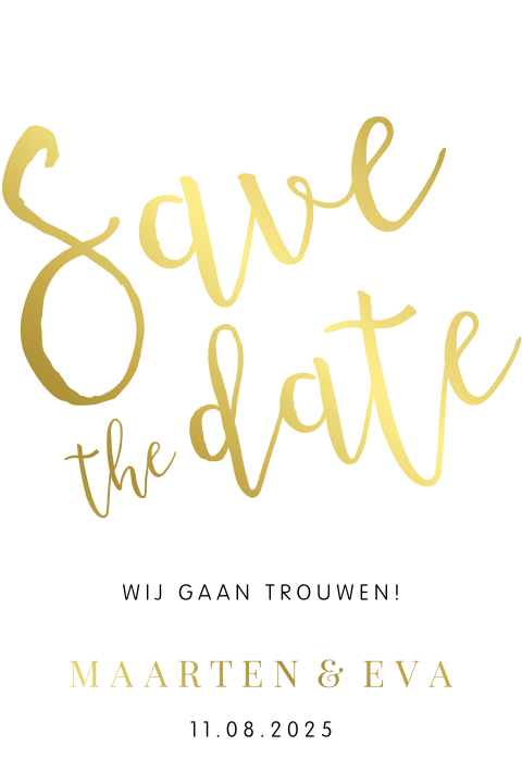 Trendy save the date kaart met de tekst in goudfolie