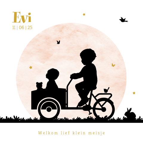 Hip geboortekaartje roze meisje met silhouet broer en bakfiets