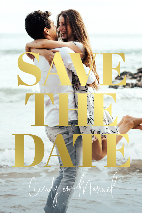 Save the date fotokaart met goudfolie typografie