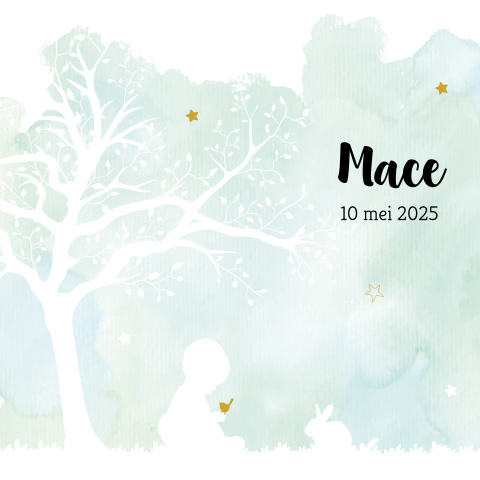 Lief kaartje geboorte jongen met watercolor en silhouet boom en baby