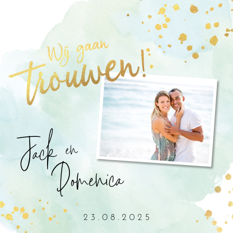 Trouwkaart watercolor mint goudfolie look met foto