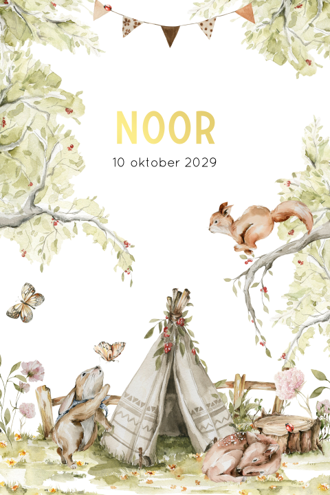 Geboortekaartje met watercolor bosdieren en tipi met goud folie