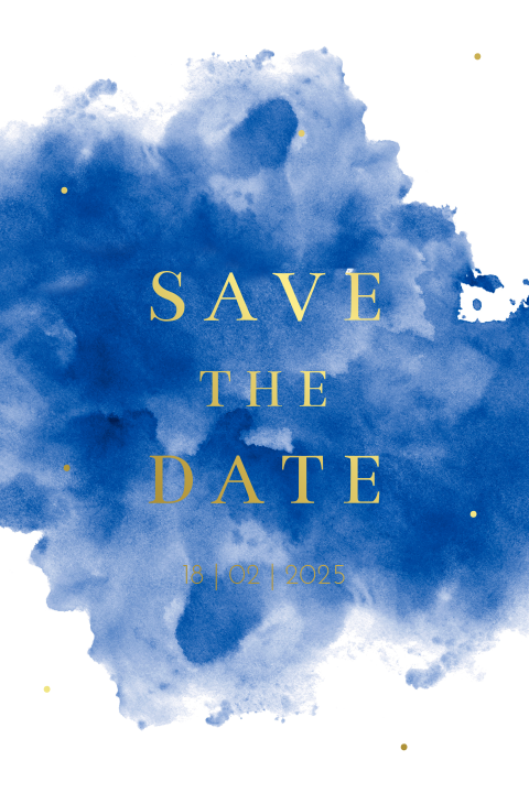 Moderne save the date kaart met blauw watercolor en folie
