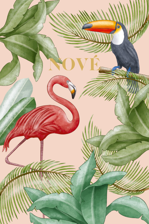 Hip geboortekaartje botanisch jungle met flamingo en tucan