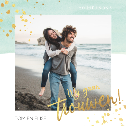 Trouwkaart mint watercolor met foto en goudfolie look
