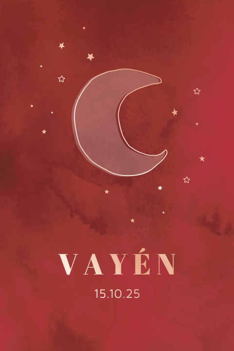 Hip geboortekaartje terracotta met maan en sterren in folie