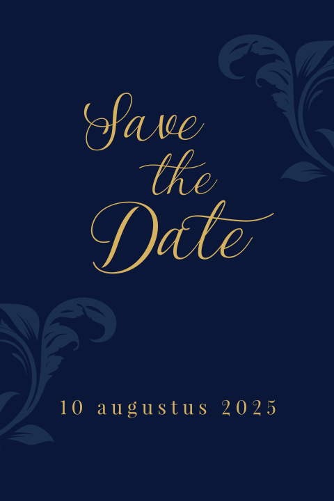 Chique donkerblauwe save the date kaart met goudkleur