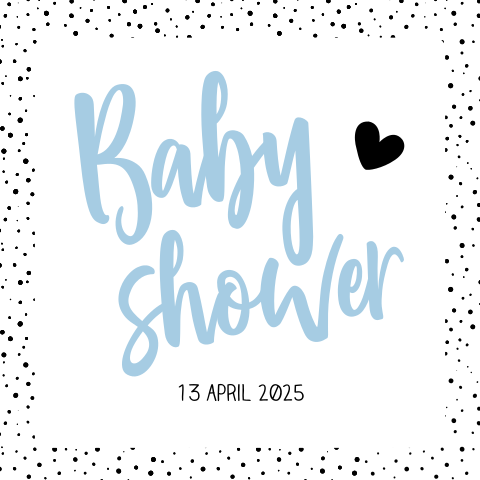 Uitnodiging babyshower met blauwe tekst en zwarte stipjes