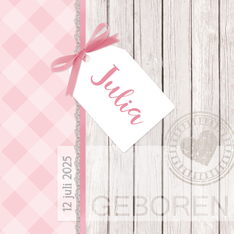 Geboortekaartje label ruitjespatroon strik meisje