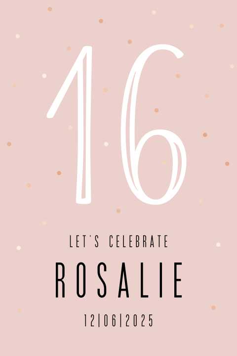 Uitnodiging 16 jaar met rosé goudfolie confetti