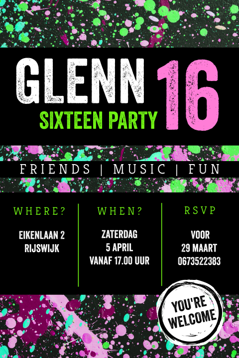 Stoere vel gekleurde uitnodiging voor verjaardagsfeest