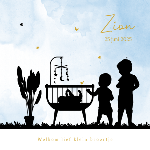 Hip blauw geboortekaartje jongen met silhouet van broers en wiegje