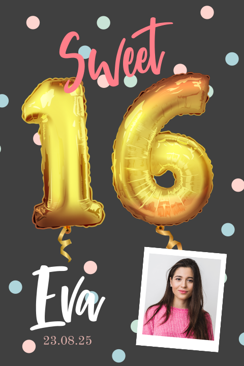 Uitnodiging voor sweet 16 feestje met folieballon en eigen foto