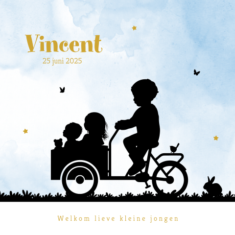 Hip blauw geboortekaartje jongen met silhouet broer, zus en bakfiets