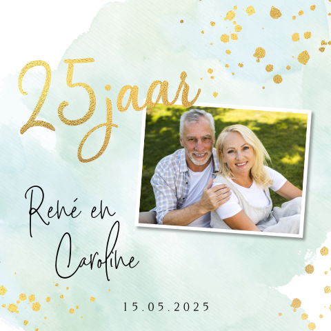 Jubileumkaart watercolor mint 25 jaar getrouwd goudfolie look