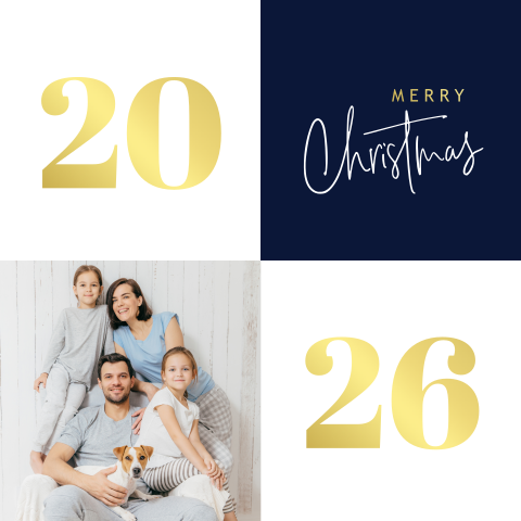 Kerstkaart met foto en jaartal in goudfolie