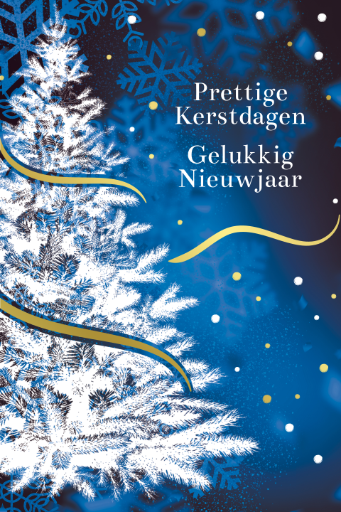 Blauwe kerstkaart met kerstboom en goudfolie