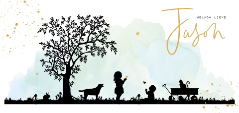 Hip geboortekaartje voor een jongen met silhouet van grote zus