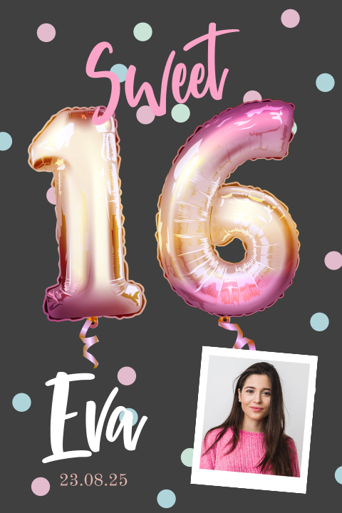 Uitnodiging voor sweet 16 feestje met roze folieballon en eigen foto