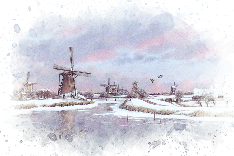 Kerstkaart met afbeelding van de kinderdijk