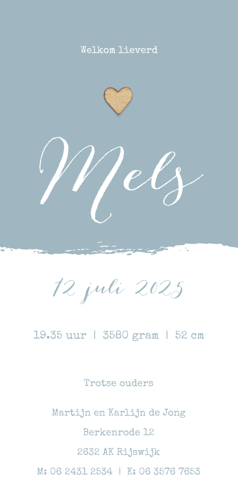 Trendy geboortekaartje met bij te bestellen echt houten hartje