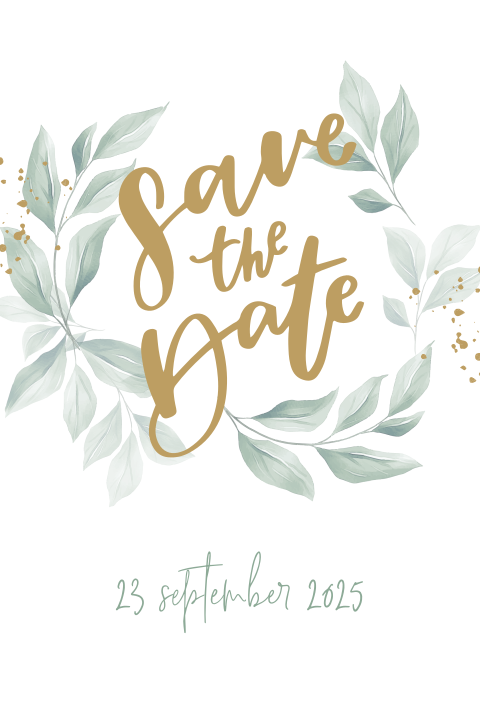 Stijlvolle enkele save the date kaart met groene blaadjes