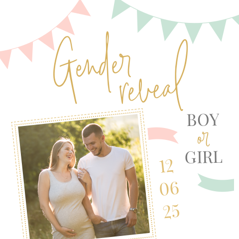 Uitnodiging genderreveal met eigen foto en vlaggetjes