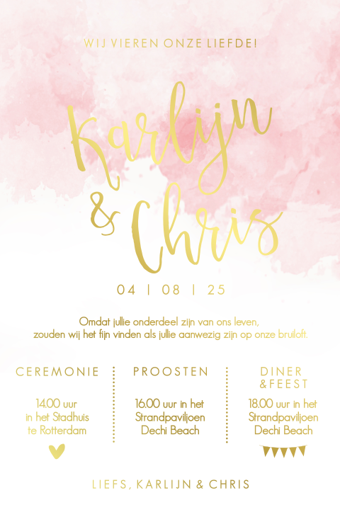 Trendy trouwkaart roze watercolor met goudfolie