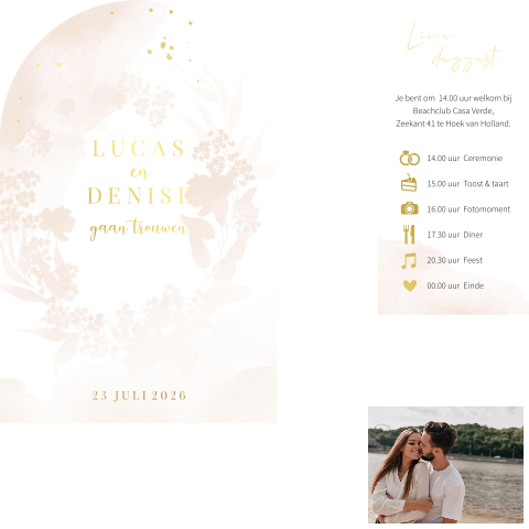 Trouwkaart bohemian boogkaart met foto en programma kaartje