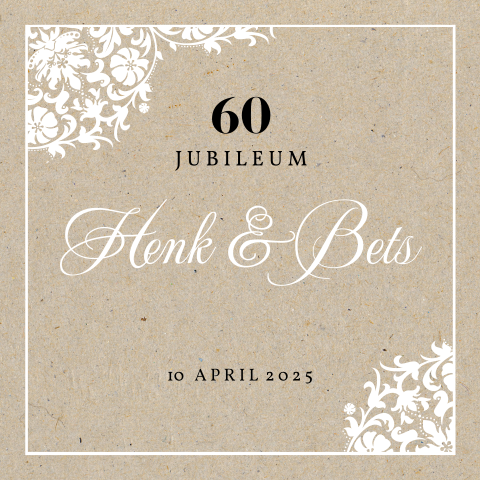 Jubileumkaart met wit chique kader op kraft voor 60 jaar