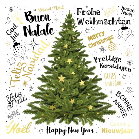 Typografische kerstkaart met kerstboom en goudfolie