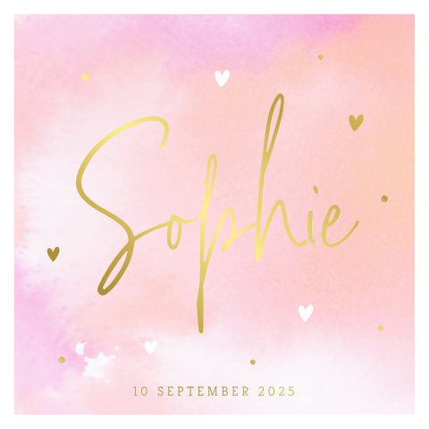 Hip geboortekaartje voor een meisje met roze watercolor en goudfolie