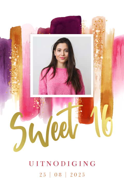 Uitnodiging sweet 16 feestje met watercolor, eigen foto en goudfolie