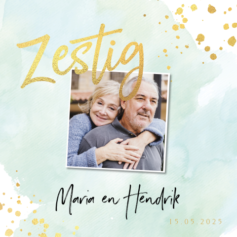 Jubileumkaart watercolor mint 60 jaar getrouwd goudfolie look