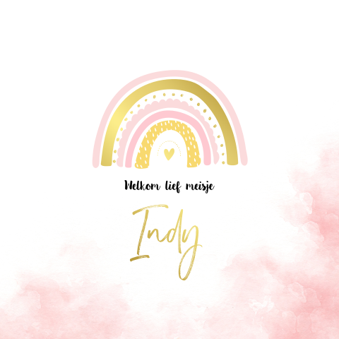 Hip geboortekaartje meisje met watercolor en regenboog in goudfolie