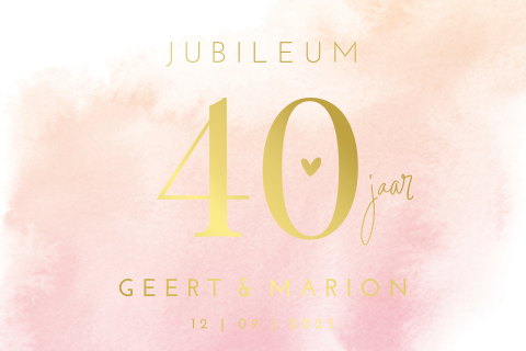Jubileumkaart uitnodiging roze watercolor 40 jaar getrouwd goudfolie