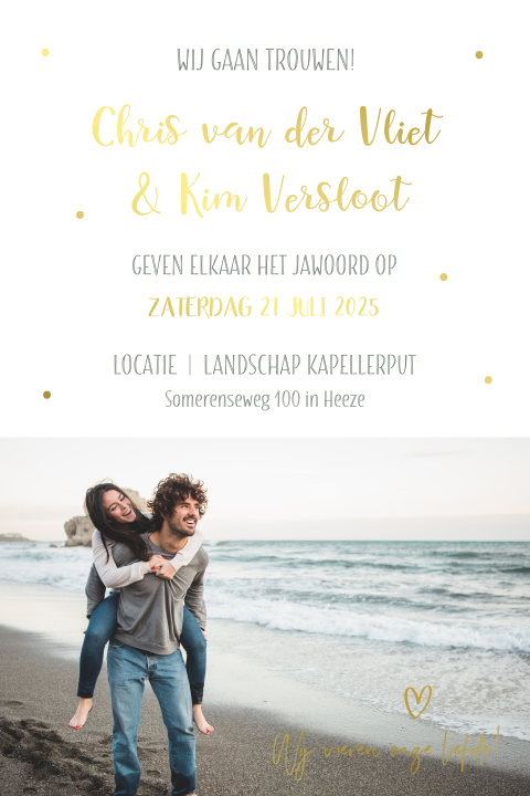 Trouwkaart met goudfolie en eigen foto